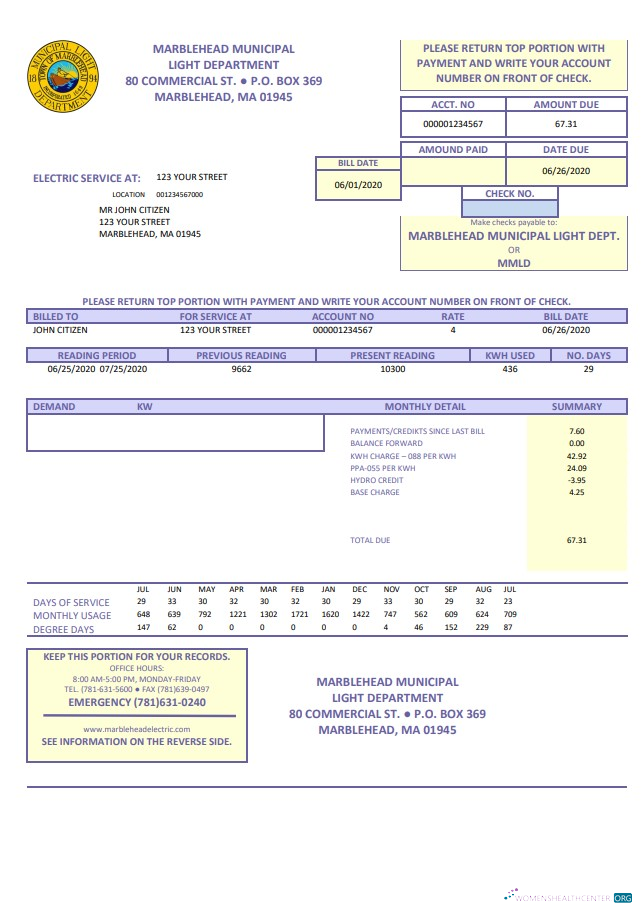 download USA Marblehead Municipal Light Department utility bill template in Word and PDF format PDF template
